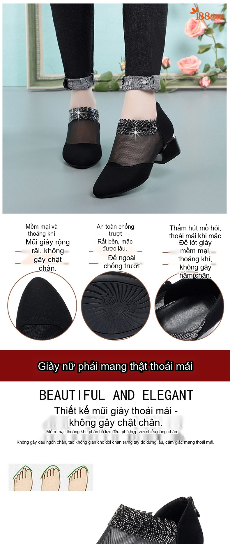 Giày Cao Gót Nữ Da Mờ Lưới Mỏng Chiều Cao Đế Khoảng 3cm Màu Đen chi tiết 5