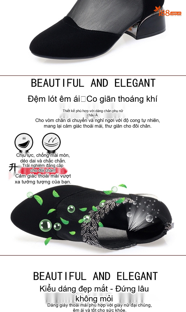 Giày Cao Gót Nữ Da Mờ Lưới Mỏng Chiều Cao Đế Khoảng 3cm Màu Đen chi tiết 6