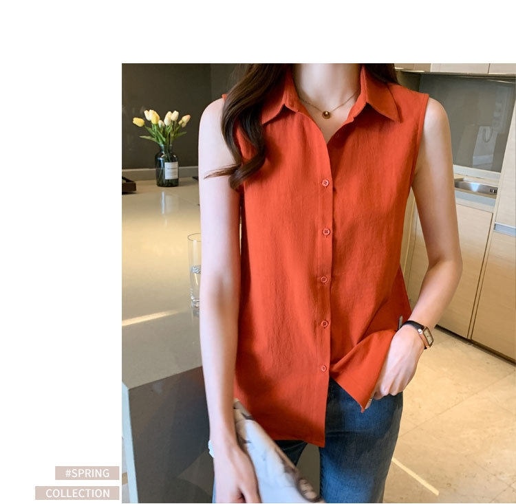 Áo Sơ Mi Nữ Không Tay Cổ Bẻ Sát Nách Màu Cam, Đen, Trắng, Vàng chi tiết 26