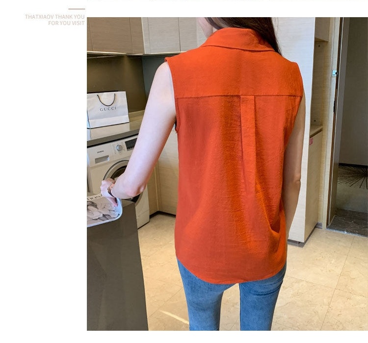 Áo Sơ Mi Nữ Không Tay Cổ Bẻ Sát Nách Màu Cam, Đen, Trắng, Vàng chi tiết 27
