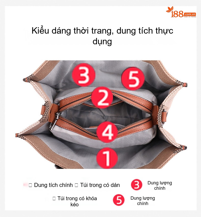 Túi Tote Nữ Vải Canvas Họa Tiết Kẻ Ô Cao Cấp Phối Da Màu Nâu chi tiết 7