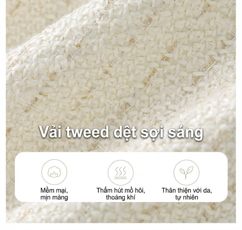 Váy Tiểu Thư Nữ Vải Tweed Lưới Thêu Đính Hạt Thủ Công Phong Cách Quý Phái Màu Trắng chi tiết 10