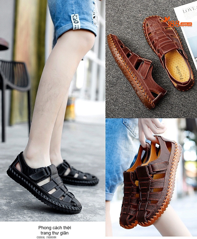 Dép Sandal Nam Da Thật Thủ Công Quai Dán Thoáng Khí Chiều Cao Đế Khoảng 2cm Màu Nâu, Đen chi tiết 4