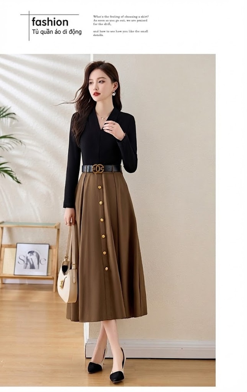 Váy Liền Thân Nữ Dáng Dài Tay Lỡ Cổ chữ V Thu Đông Thanh Lịch Màu Đen, Nâu Đất chi tiết 20