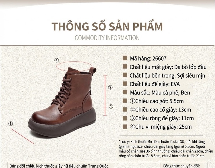 Boot Nữ Cổ Cao Da Bò Đế Dày Chiều Cao Đế Khoảng 5cm Phong Cách Retro Màu Đen, Nâu chi tiết 2