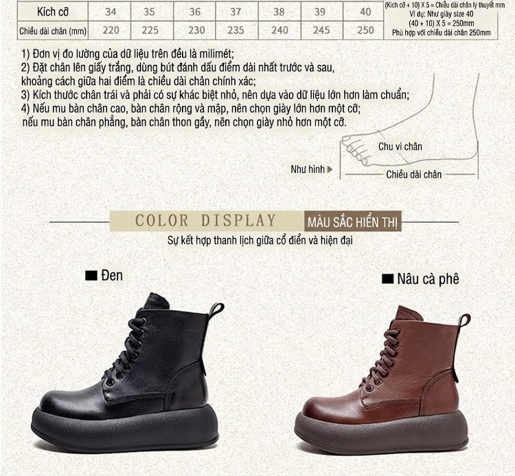 Boot Nữ Cổ Cao Da Bò Đế Dày Chiều Cao Đế Khoảng 5cm Phong Cách Retro Màu Đen, Nâu chi tiết 3