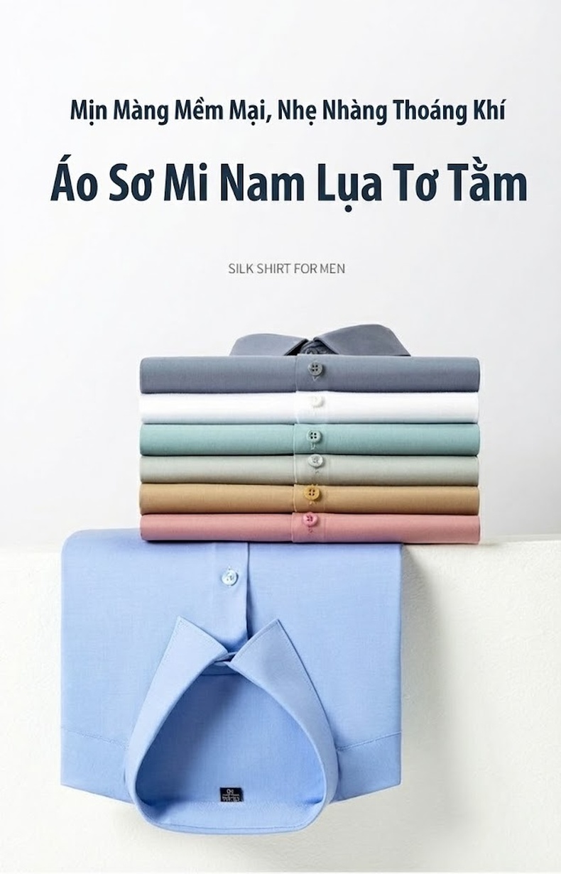 Áo Sơ Mi Dài Tay Nam Ôm Dáng Lụa Tằm Xuân Công Sở Màu Trắng, Xanh Dương, Xám, Đen... chi tiết 1