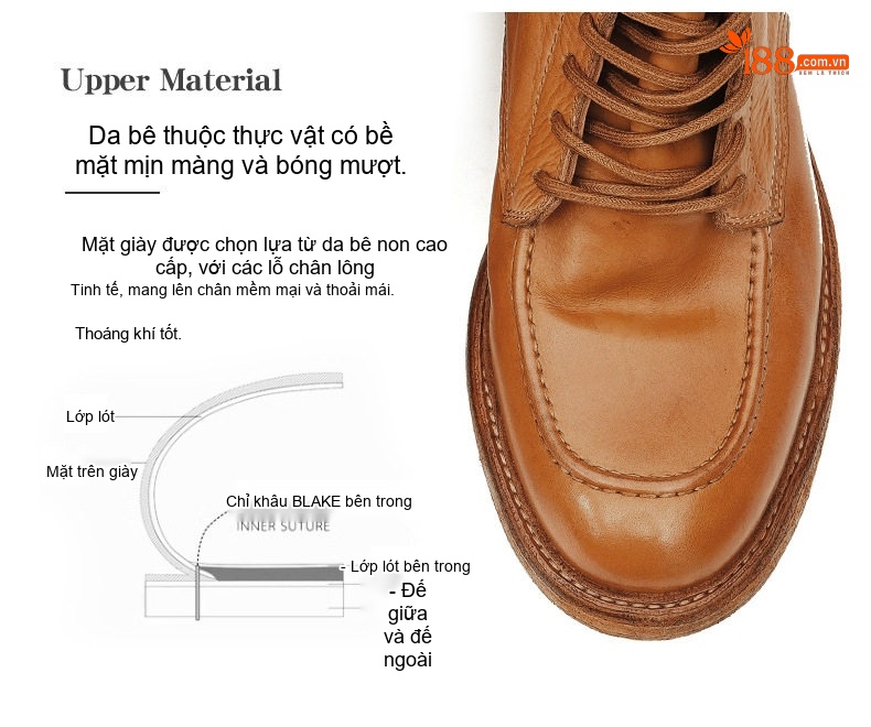 Giày Martin Nam Da Bò Cổ Cao Cổ Điển Mũi Tròn Chiều Cao Đế Khoảng 3cm Màu Nâu, Đen chi tiết 16