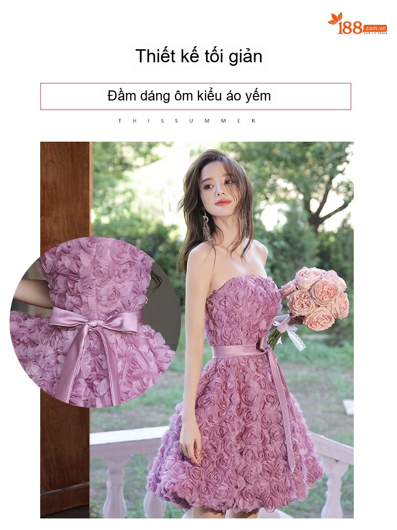 Váy Dạ Hội Mini Nữ Hở Vai Thắt Nơ Phong Cách Pháp Màu Tím chi tiết 1