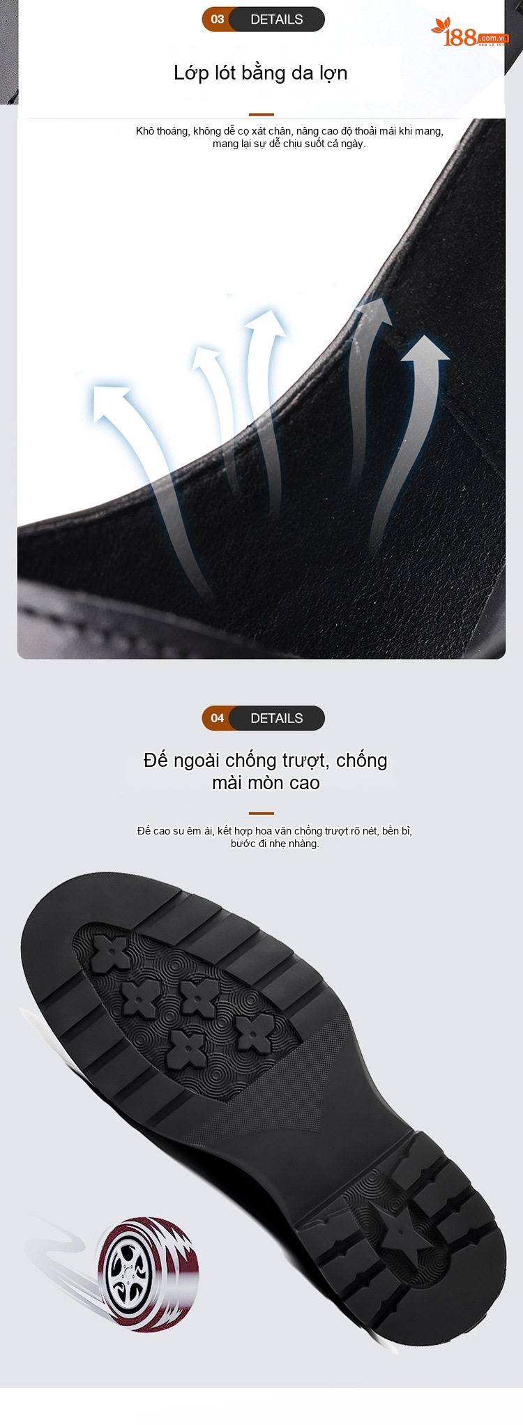 Giày Tây Buộc Dây Nam Da Bò Brogue Chiều Cao Đế Khoảng 4cm Màu Đen, Nâu chi tiết 7
