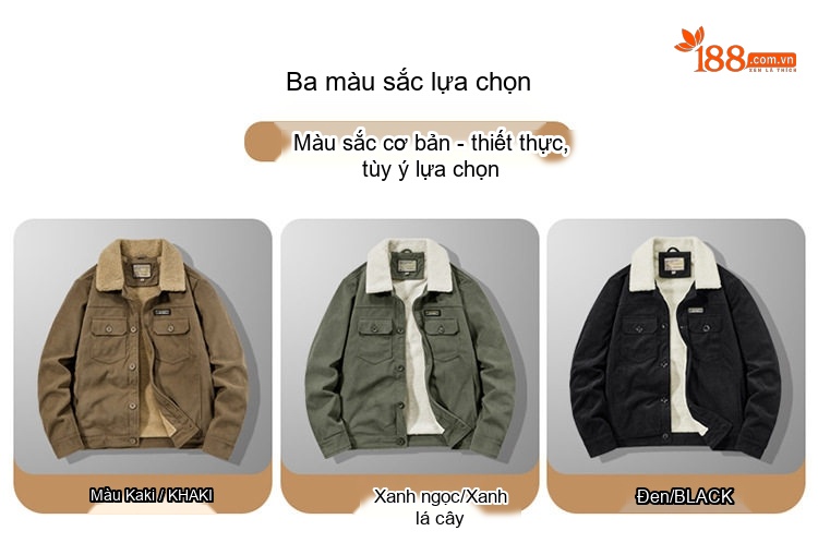 Áo Khoác Cotton Lông Cừu Nam Dáng Rộng Có Cổ Màu Nâu, Xanh Rêu, Đen chi tiết 4