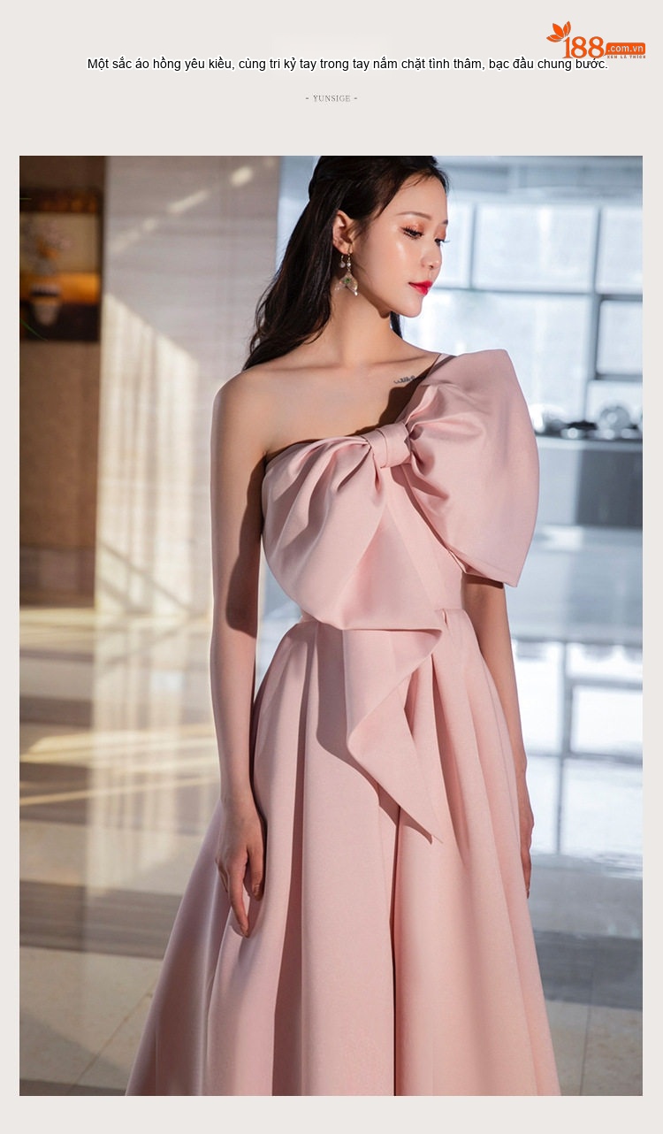 Váy Dạ Hội Dáng Dài Hở Vai Đính Nơ Lớn Dự Tiệc Cưới Hỏi Cho Cô Dâu Màu Đỏ, Hồng chi tiết 8