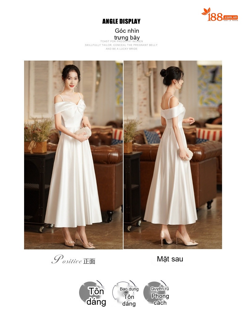 Váy Dạ Hội Nữ dáng chữ A, Hở Vai, Dây Treo, Kiểu Pháp Màu Trắng chi tiết 8