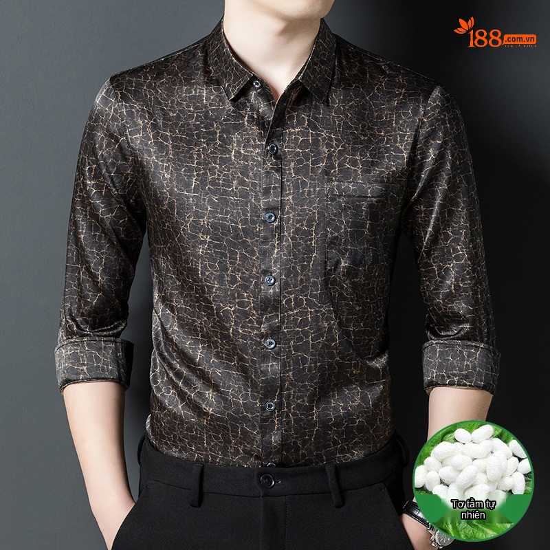 Áo Sơ Mi Dài Tay Nam Lụa Tơ Tằm Hương Vân Sa Họa Tiết Da Rắn Màu Đỏ Rượu Vang, Nâu Đất