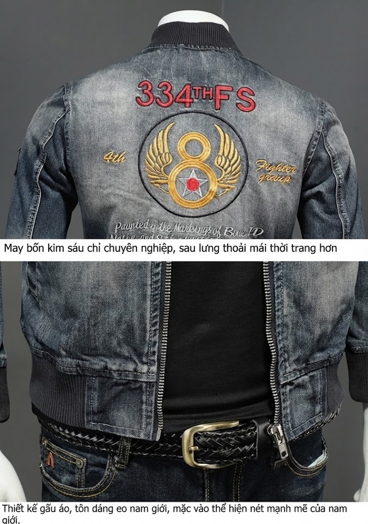 Áo Khoác Bomber Nam Denim Kiểu Dáng Ôm Vừa Thêu Huy Hiệu Màu Xanh Denim chi tiết 5