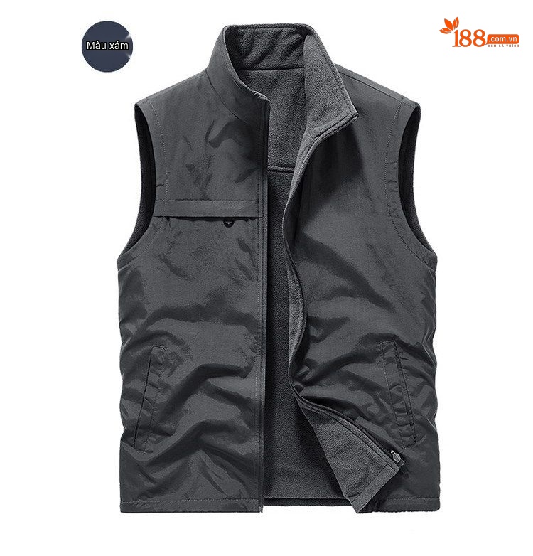 Áo Gile Nam Lót Lông Dày Dặn Hai Mặt Giữ Ấm Chống Gió Màu Xanh Rêu, Be, Xanh Navy, Đen, Xám chi tiết 16