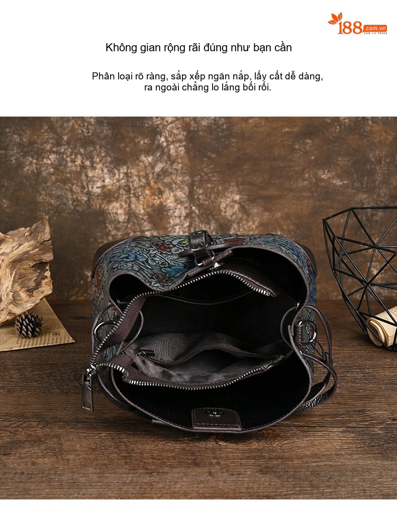Túi Đeo Vai/Đeo Chéo Nữ Da Bò Thật Thiết Kế Vintage Nhiều Ngăn Màu Xám, Đen, Xanh Dương, Hồng chi tiết 11