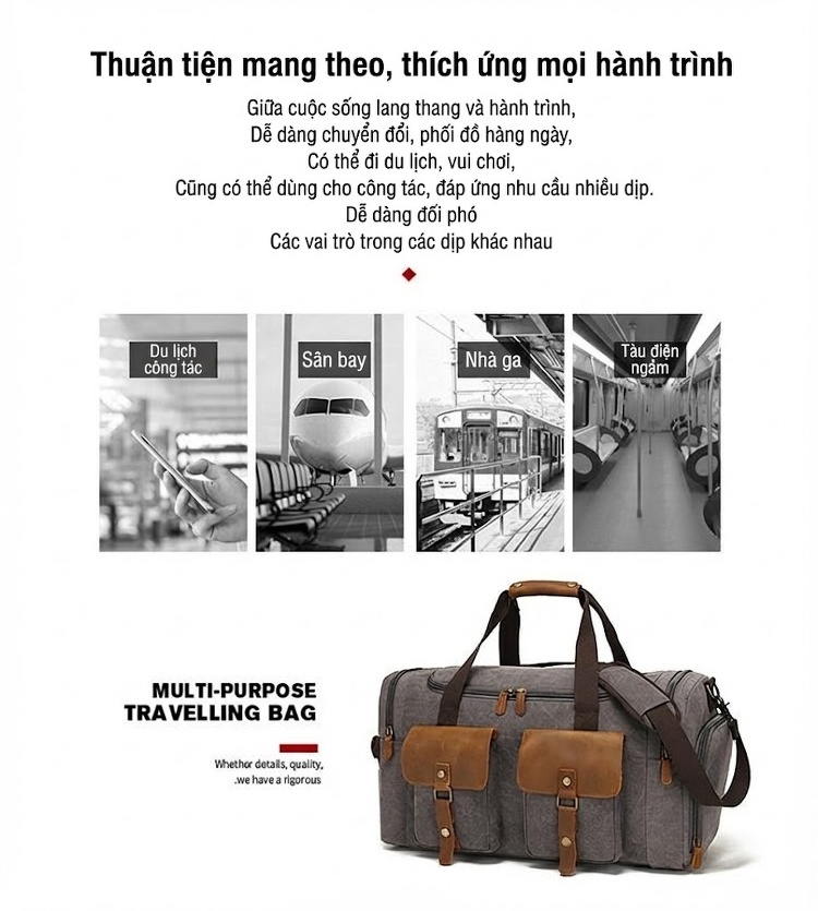 Túi Du Lịch Xách Tay Vải Canvas Đeo Chéo Phong Cách Âu Mỹ Kết Hợp Da Thật Màu Xám, Hồng, Sọc Trắng Đen chi tiết 3
