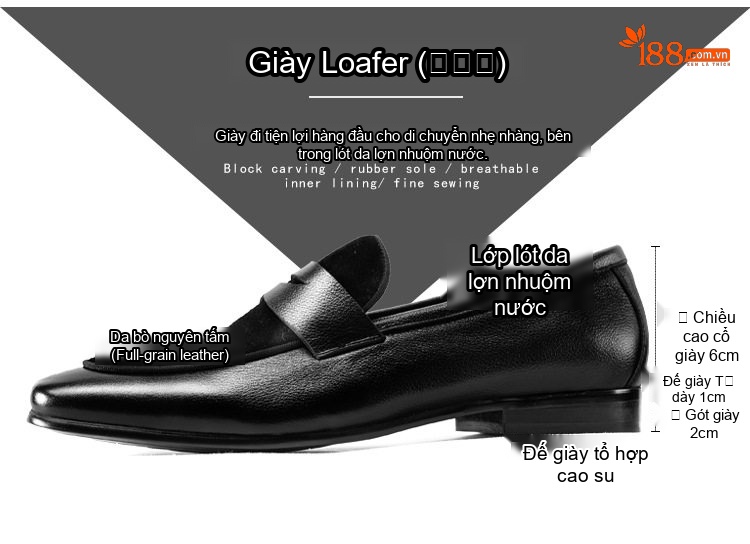 Giày Lười Nam Da Bò Phong Cách Anh Chiều Cao Đế Khoảng 2.5cm Màu Đen chi tiết 2