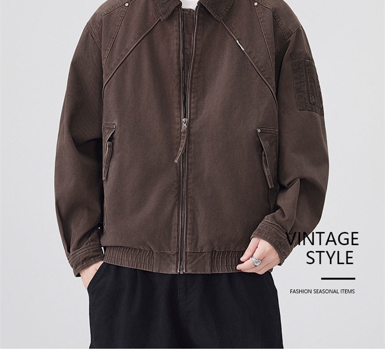 Áo Khoác Bomber Nam Cotton Dáng Ngắn Cổ Bẻ Phong Cách Retro Màu Xanh Olive, Nâu chi tiết 7