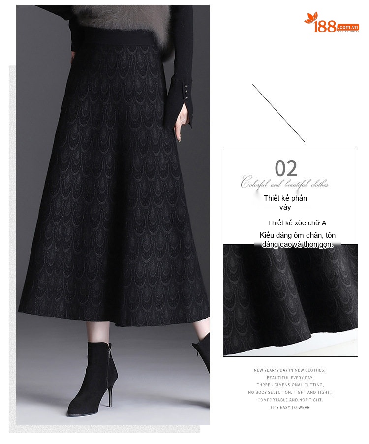 Chân Váy Dệt Kim Lông Cừu Nữ Chữ A Lưng Cao Dáng Dài Màu Đen chi tiết 7