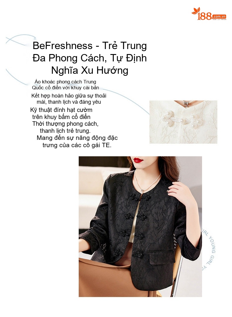Áo Khoác Lửng Trung Hoa Cổ Điển Tay Dài Khuy Nút Thắt Jacquard Màu Trắng, Đen chi tiết 3
