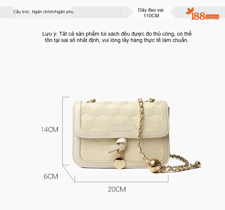 Túi Đeo Chéo Nữ Da Mờ Dáng Vuông Nhỏ Quai Xích Thời Trang Màu Đen, Kem chi tiết 3