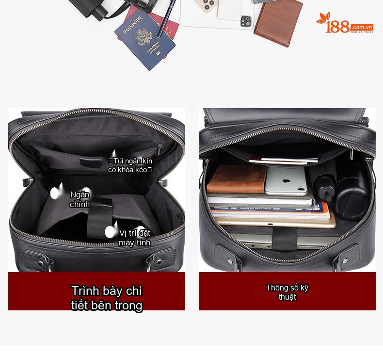 Balo Đựng Laptop Nam Da Thật Phong Cách Thời Trang Công Sở Màu Đen chi tiết 7