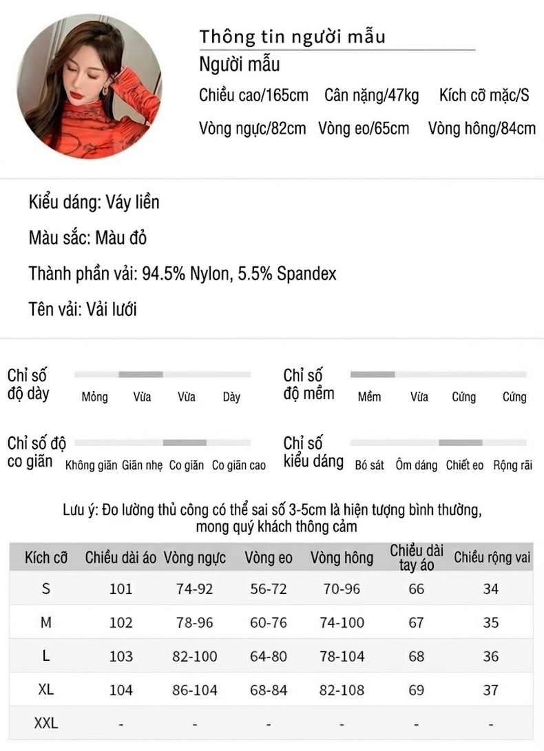 Đầm Ôm Body Nữ Cổ Cao Tay Dài Vải Lưới In Họa Tiết Thu Đông Màu Đỏ chi tiết 2