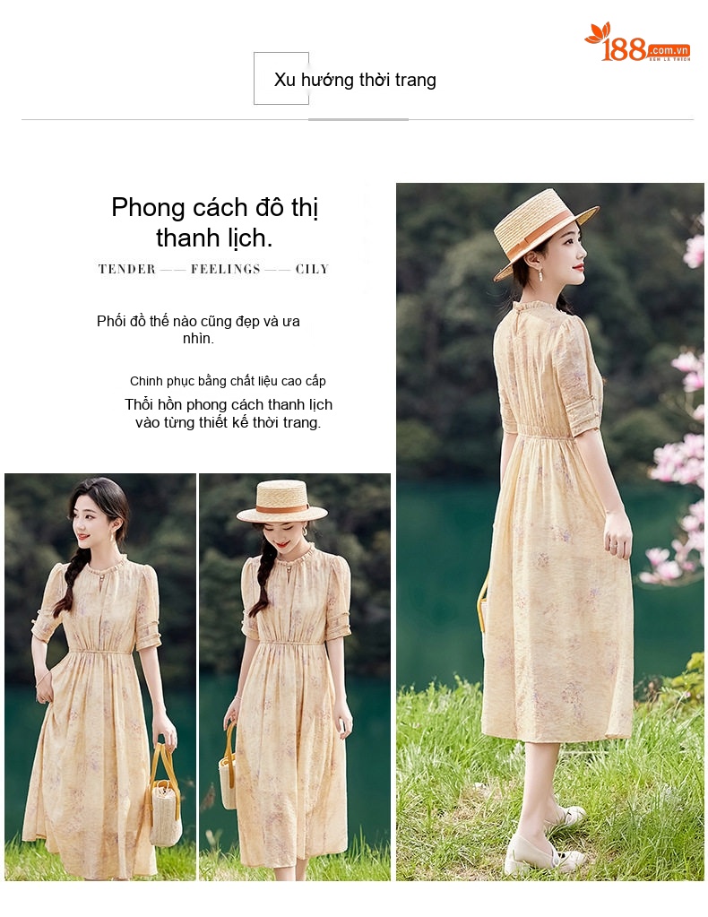 Váy liền thân Nữ Dáng Dài Họa Tiết Hoa Nhí Cổ Điển Thắt Eo Thanh Lịch chi tiết 3