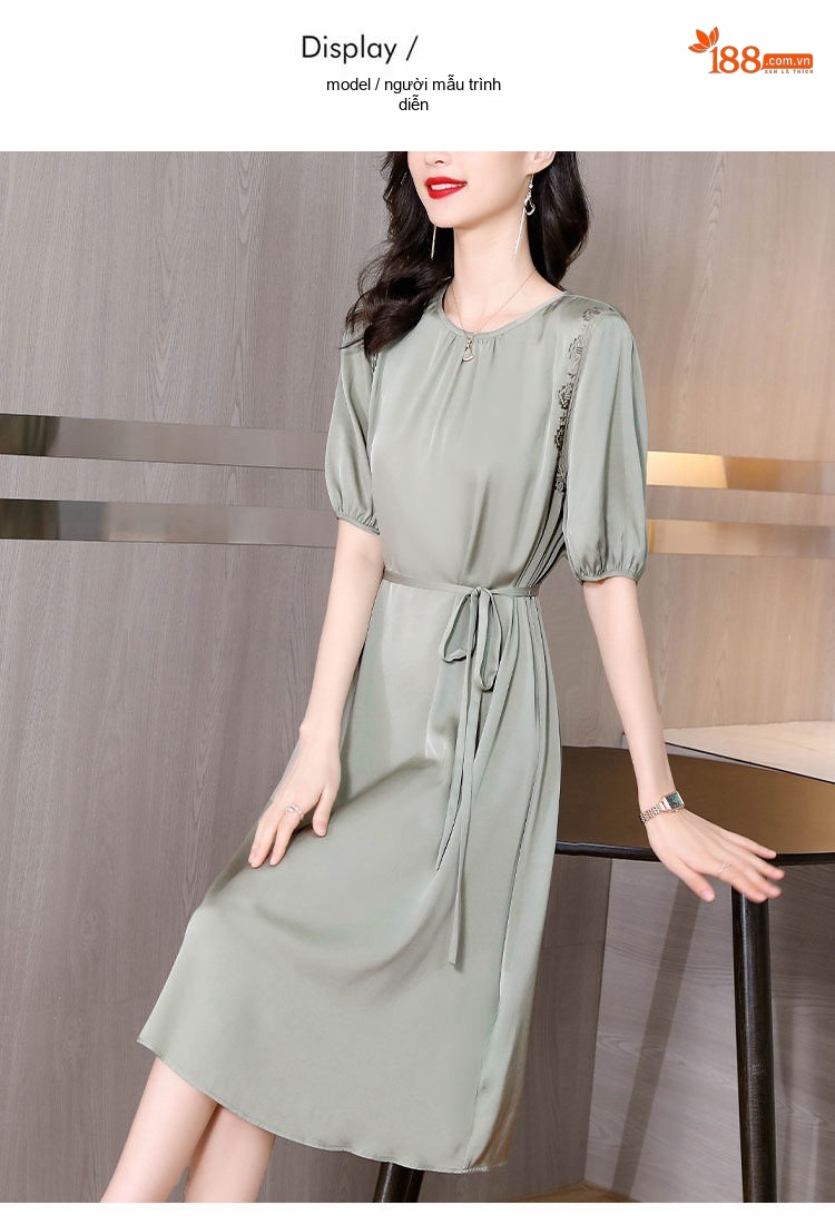 Váy Lụa Băng Nữ Thu Eo dáng chữ A Thanh Lịch Màu Xanh chi tiết 9