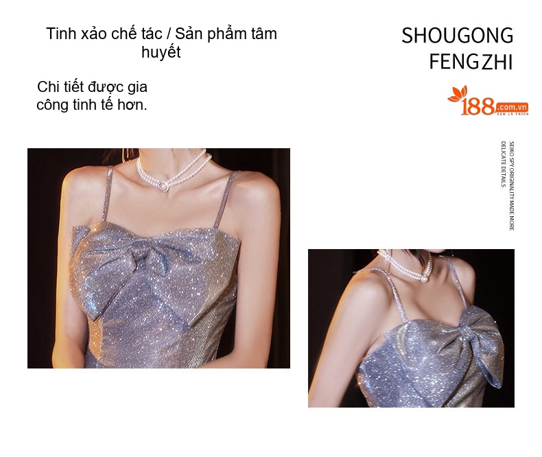 Váy Dạ Hội Dáng Dài Hai Dây Thiết Kế Nơ Ngực Phong Cách Nữ Tính Màu Xanh Dương chi tiết 8