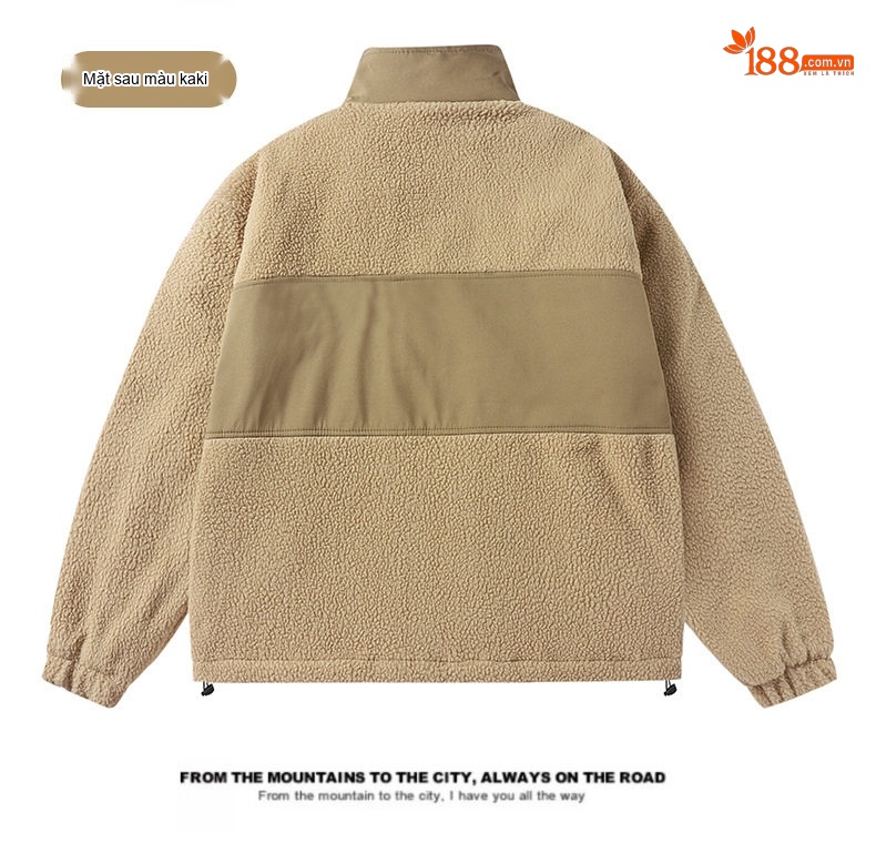 Áo Khoác Nam Cổ Trụ Lông Cừu Dáng Rộng Lót Bông Giữ Ấm Màu Đen, Xanh Olive, Kem chi tiết 11