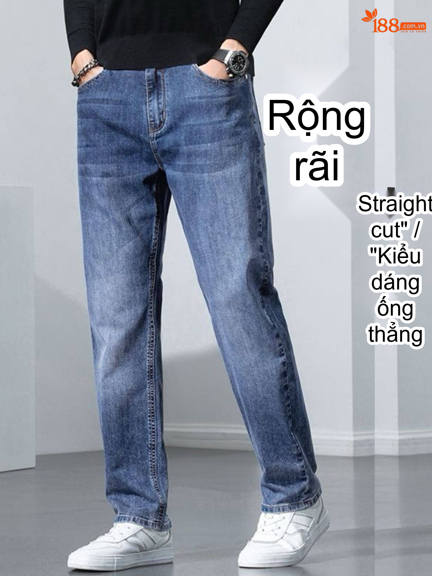 Quần Jean Nam Dáng Suông Co Giãn Thoải Mái Màu Xanh, Đen