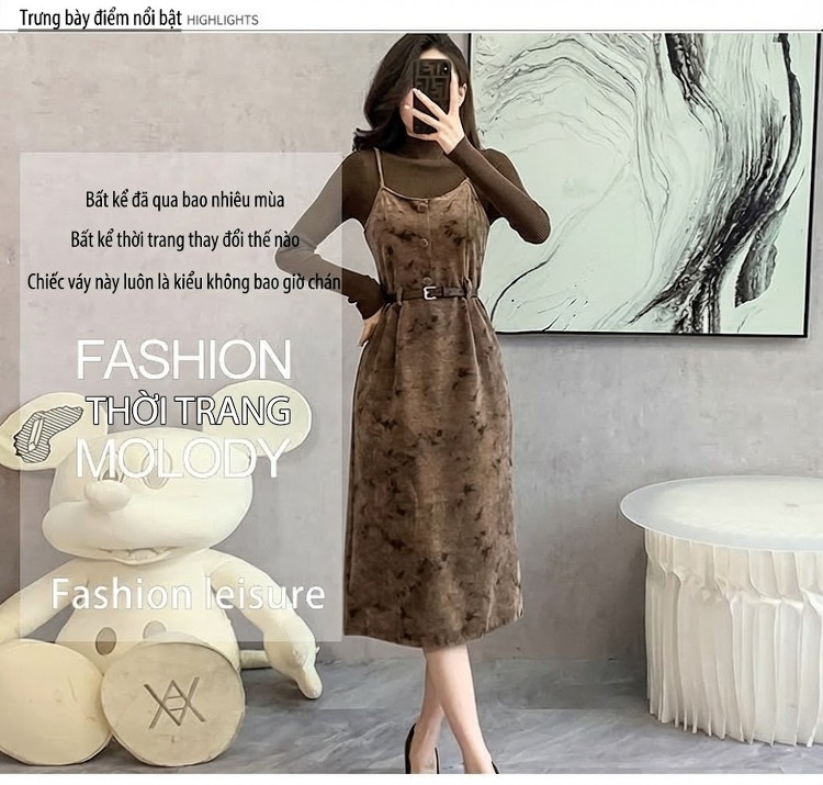 Set Áo Dệt Kim Cổ Lọ Tay Dài Và Váy Hai Dây Nữ Phong Cách Pháp Màu Nâu, Xám chi tiết 2