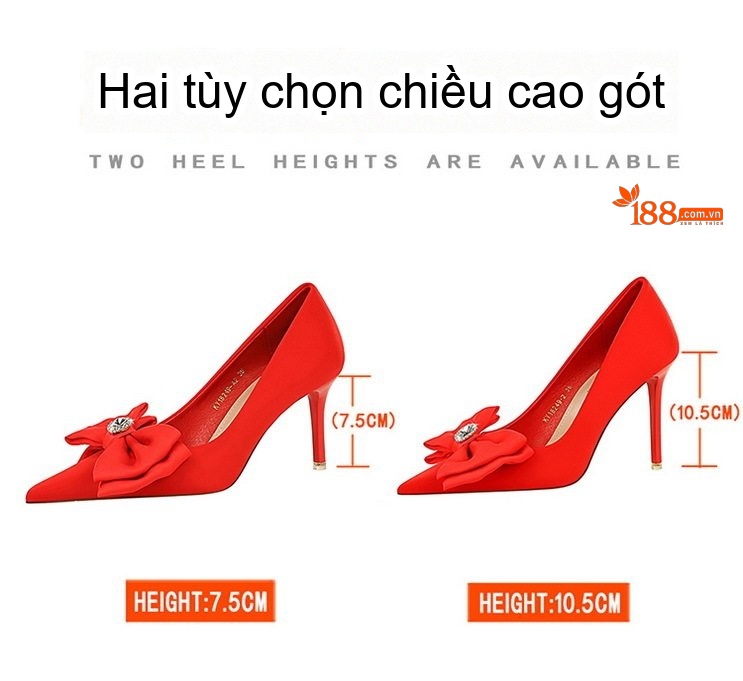 Giày Cao Gót Nữ Mũi Nhọn Quai Ngang Lụa Satin Nơ Chiều Cao Đế Khoảng 7cm Màu Đen, Đỏ chi tiết 1