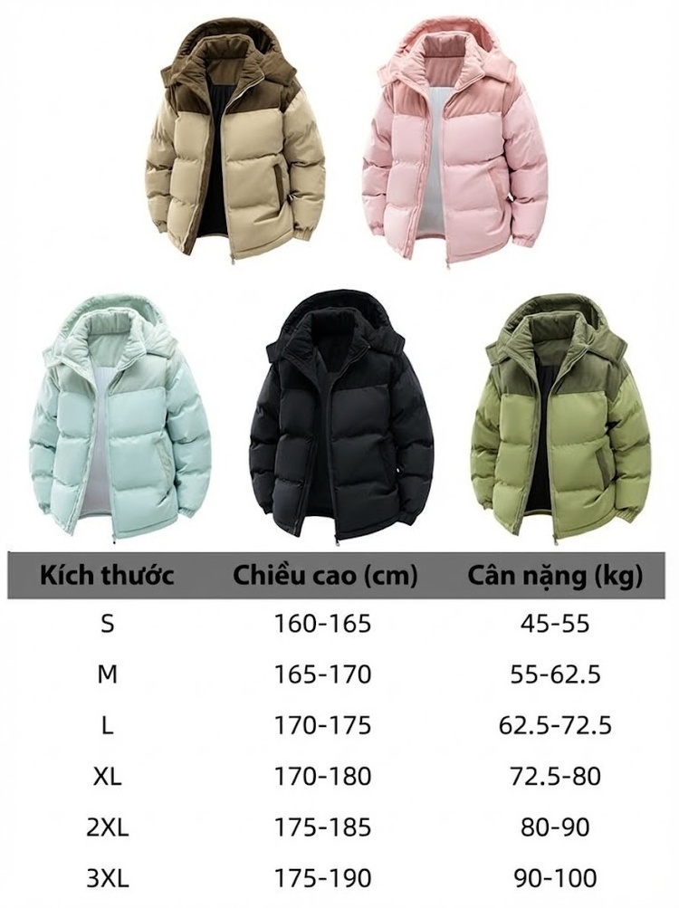 Áo Khoác Phao Nam Nữ Cotton Lót Dày Mũ Rời Chất Liệu Vải Lanh Màu Be, Đen, Xanh Lá, Hồng...