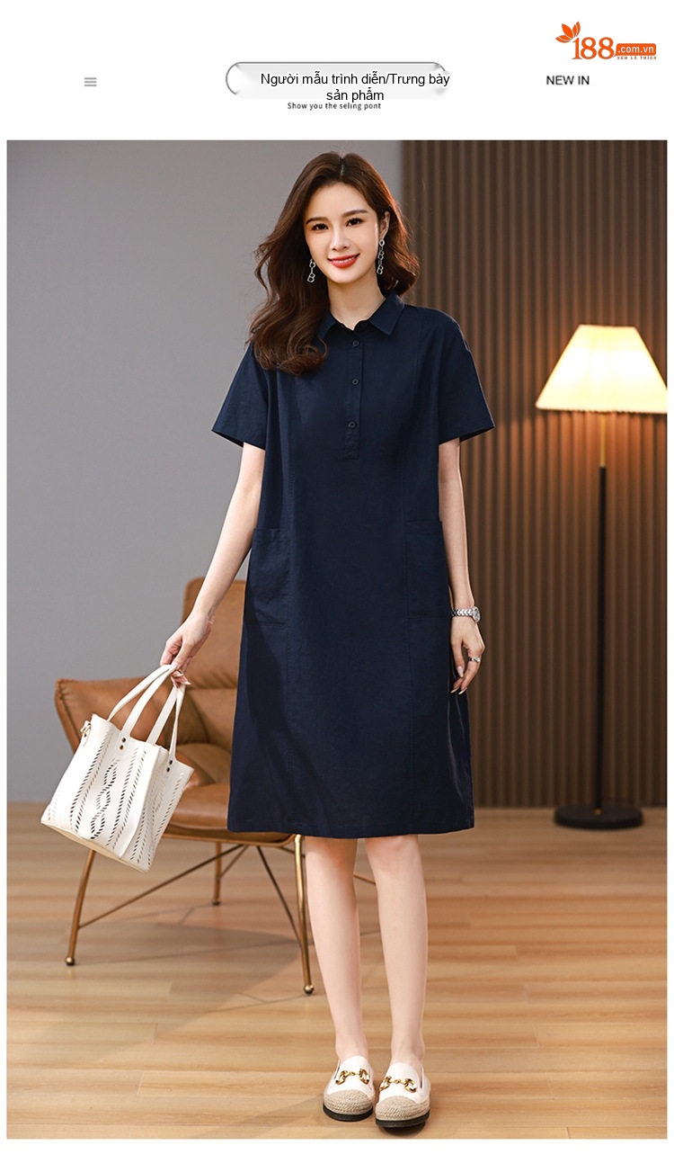 Váy Sơ Mi Nữ Dáng Suông Cotton Linen Phong Cách Retro Màu Xanh Navy, Tím, Nâu, Xanh Lá... chi tiết 15