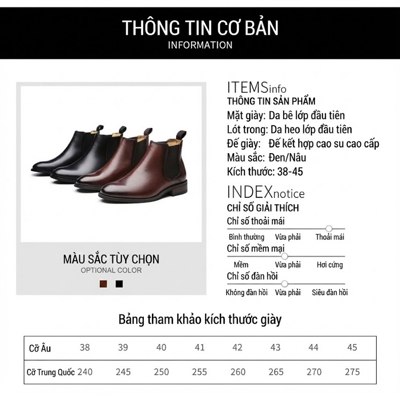 Giày Chelsea Boot Nam Da Bò Chiều Cao Đế Khoảng 3cm Màu Đen, Nâu chi tiết 3