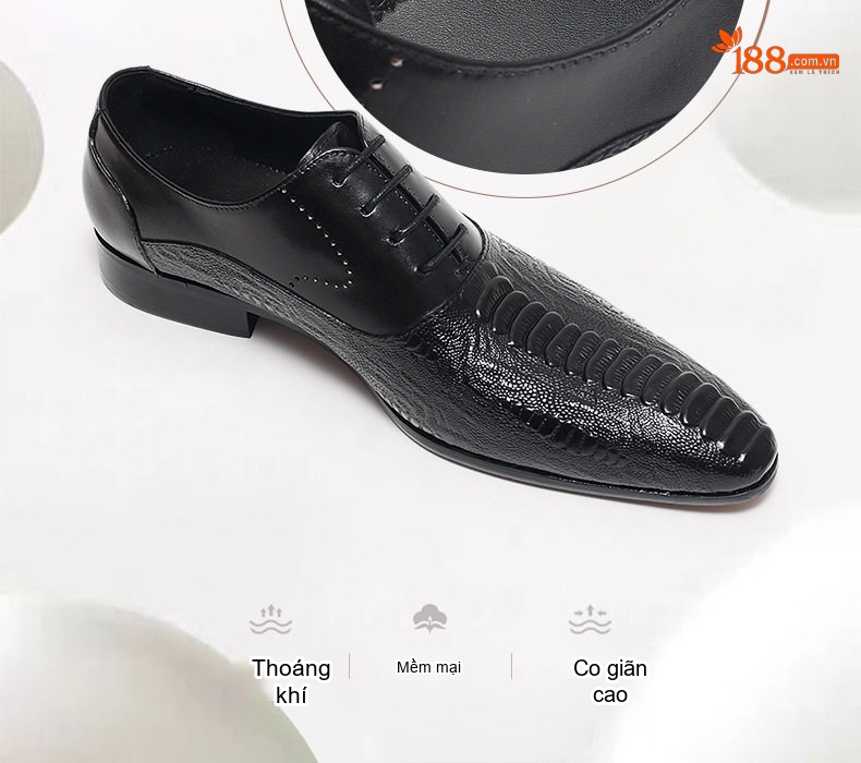 Giày Tây Buộc Dây Nam Da Bò Vân Cá Sấu Chiều Cao Đế Khoảng 3cm Màu Đen, Nâu chi tiết 9