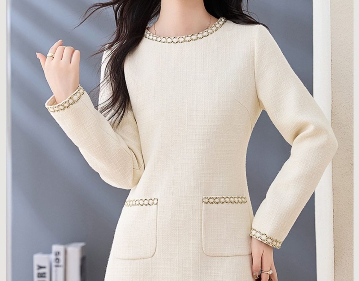 Váy liền thân Nữ Tiểu Thư Tay Dài Phong Cách Pháp Thanh Lịch Màu Kem chi tiết 15