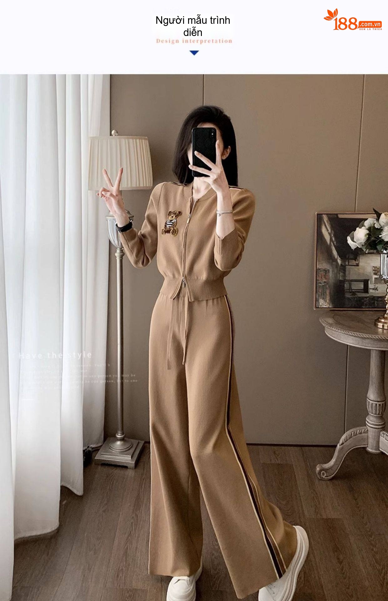 Set Bộ Dệt Kim Áo Khoác Lửng Quần Ống Rộng Phong Cách Thời Trang Màu Nâu chi tiết 6