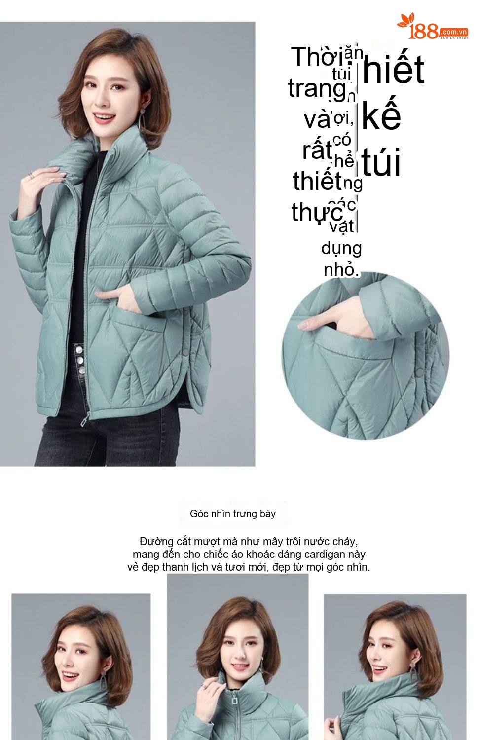Áo Khoác Phao Nữ Cotton Dáng Ngắn Mỏng Nhẹ Phong Cách Hàn Quốc Màu Xanh, Trắng, Đen chi tiết 4
