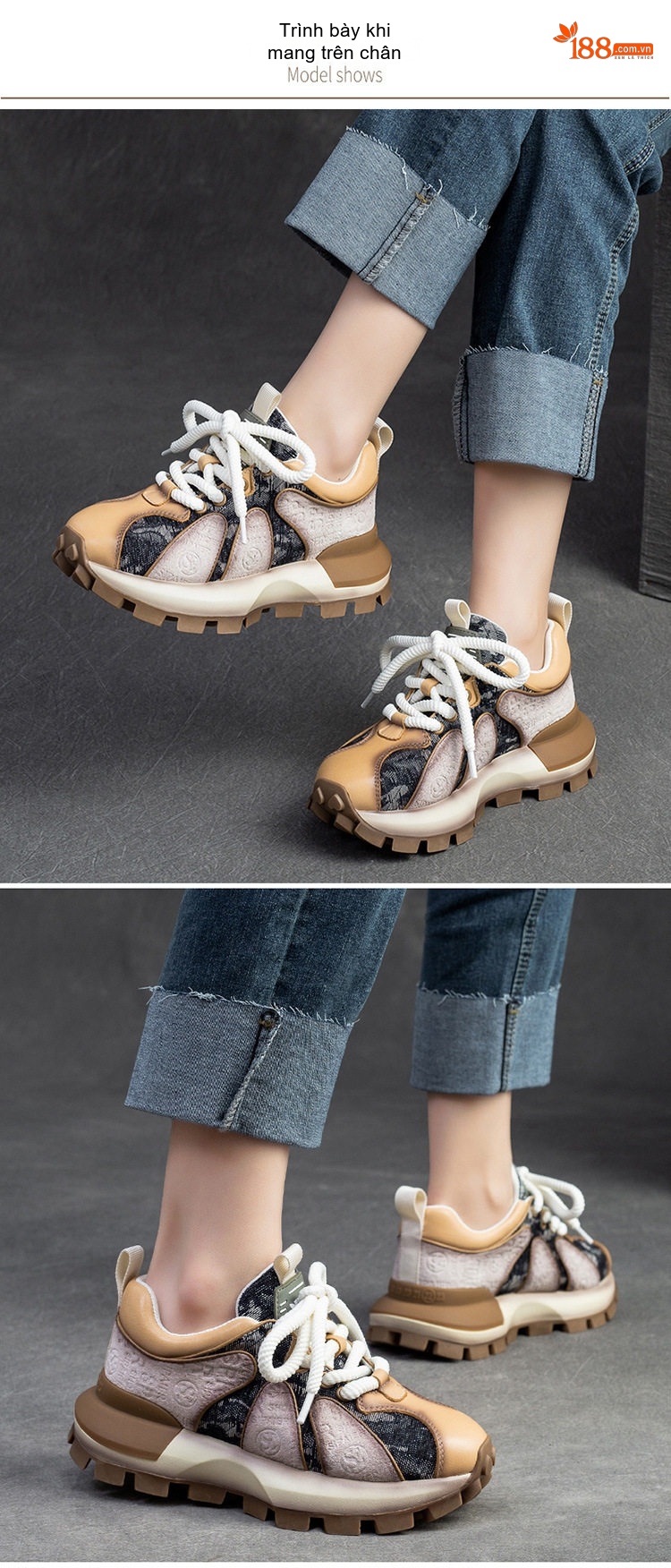 Giày Sneaker Nữ Dây Buộc Đế Dày Phong Cách Retro Chiều Cao Đế Khoảng 5cm Màu Nâu, Đen chi tiết 7
