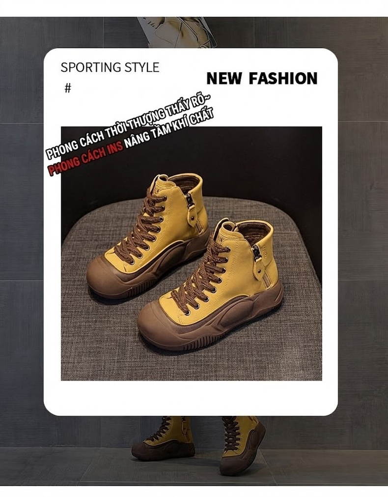 Giày Boot Nữ Cổ Cao Dây Buộc Phong Cách Retro Chiều Cao Đế Khoảng 4cm Màu Vàng, Xanh Lá, Nâu, Đen... chi tiết 3