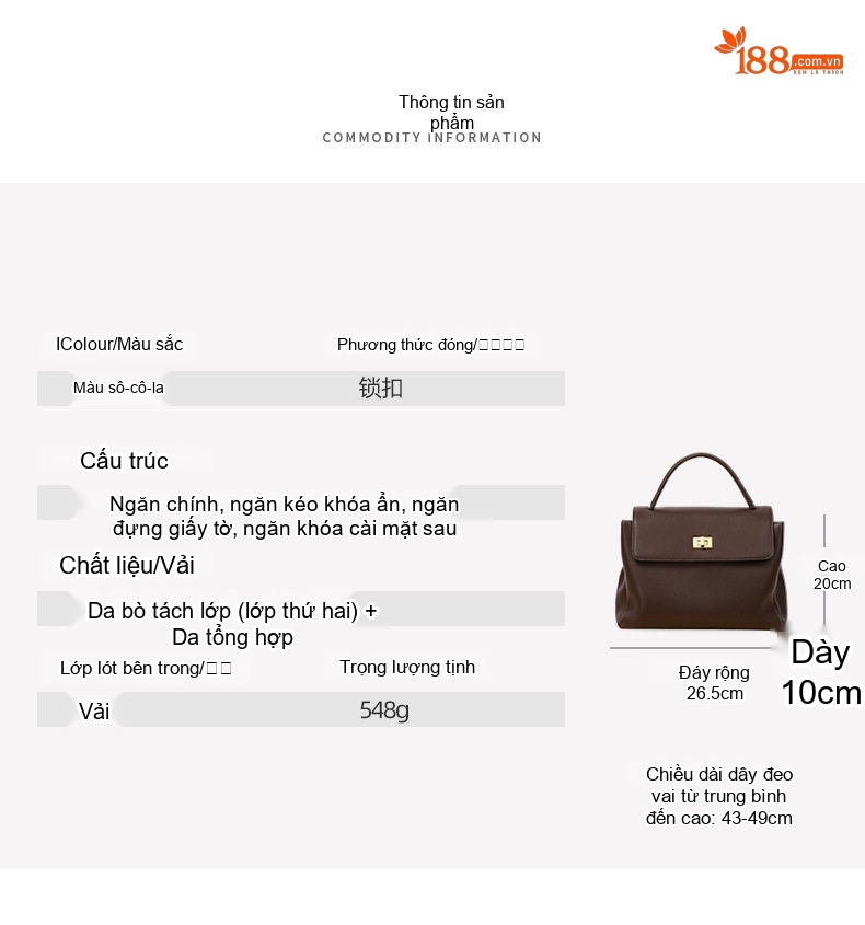 Túi Tote Nữ Da Bóng Đeo Vai/Xách Tay Dung Tích Lớn Màu Nâu chi tiết 2