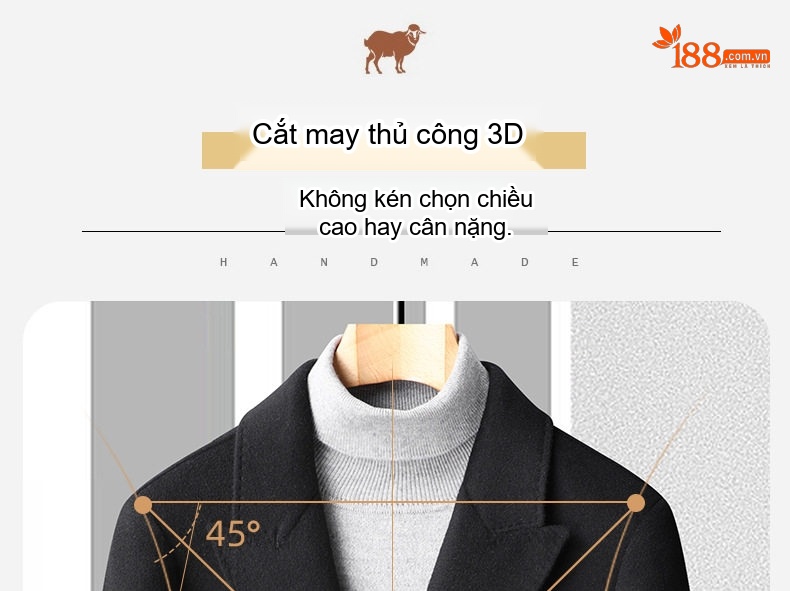 Áo Khoác Dạ Nam Lông Cừu Hai Mặt Dáng Dài Cúc Đôi Thủ Công Màu Nâu, Xanh Navy, Đen chi tiết 9