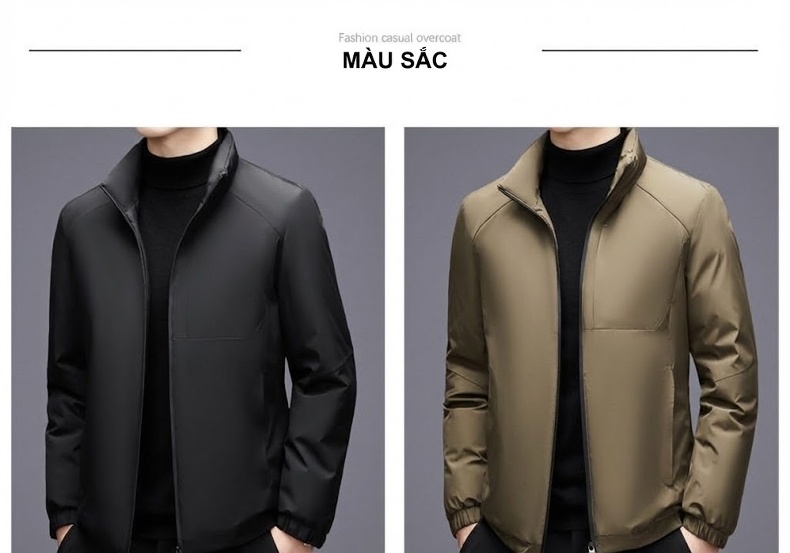 Áo Khoác Phao Nam Lông Vũ Ngắn Cổ Trụ Màu Đen, Xanh Navy, Nâu, Đỏ chi tiết 10