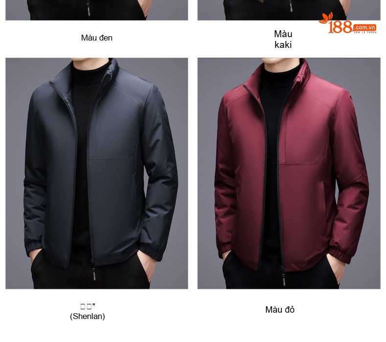 Áo Khoác Phao Nam Lông Vũ Ngắn Cổ Trụ Màu Đen, Xanh Navy, Nâu, Đỏ chi tiết 11