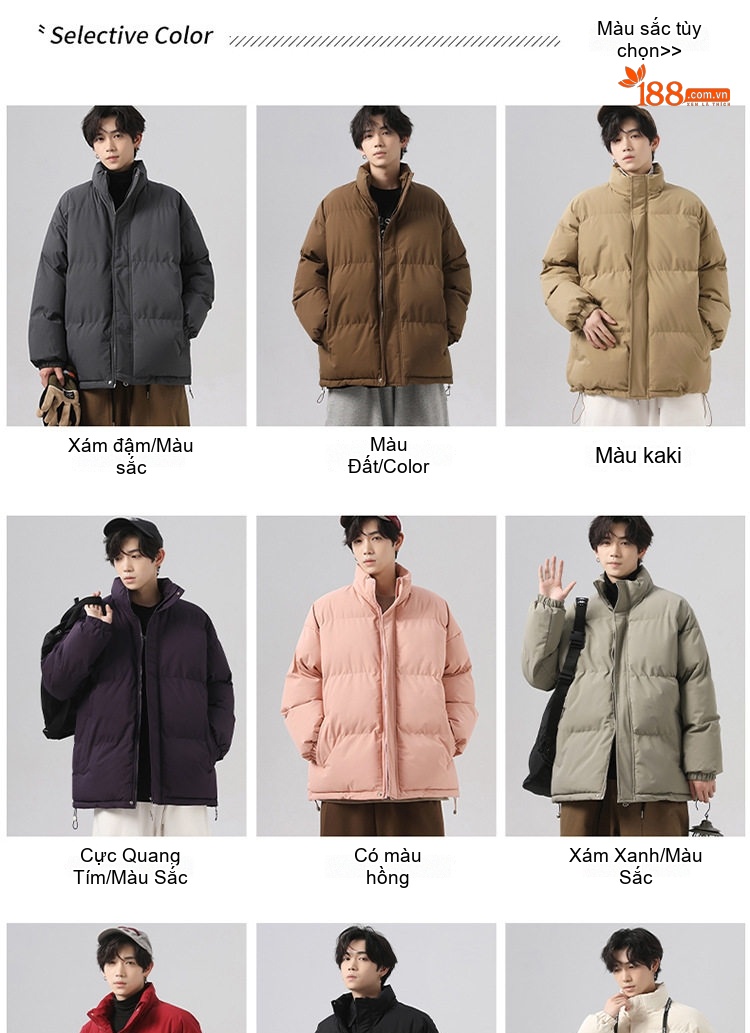 Áo Khoác Cotton Nam Nữ Dáng Rộng Cổ Trụ Chống Thấm Nước Mùa Đông Màu Xám Đậm, Tím, Đỏ, Xanh Lá... chi tiết 10